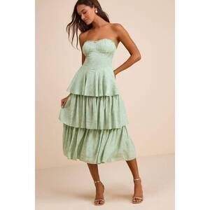 Lulus Beverly Sage Green Jacquard Tiered Midi Dress - Size S